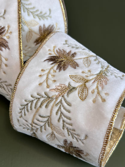 Winter White Velvet Wired Ribbon Designer Champagne Gold Eucalyptus Floral Embroidered Trim – 4" x 5 Yds