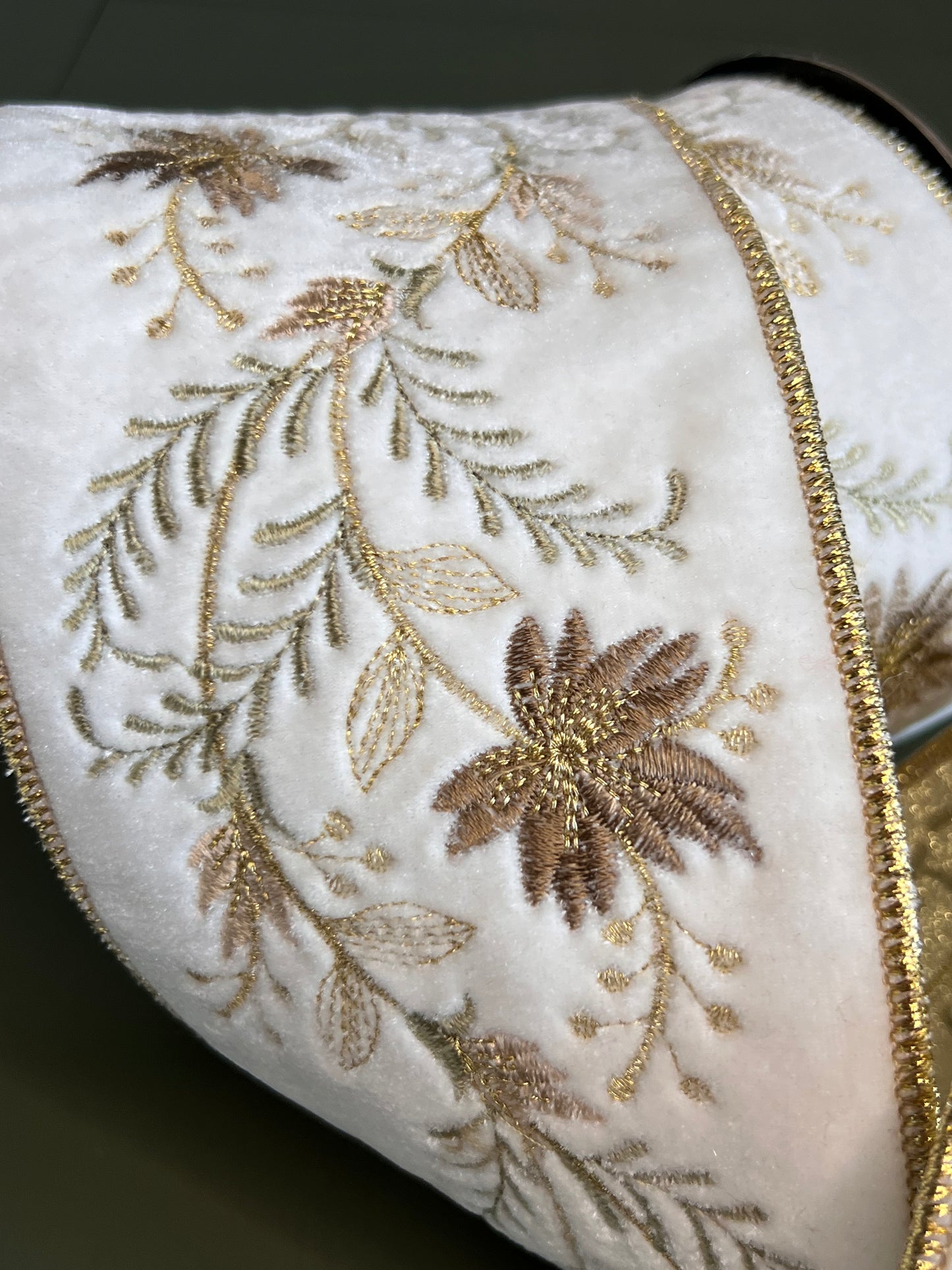 Winter White Velvet Wired Ribbon Designer Champagne Gold Eucalyptus Floral Embroidered Trim – 4" x 5 Yds