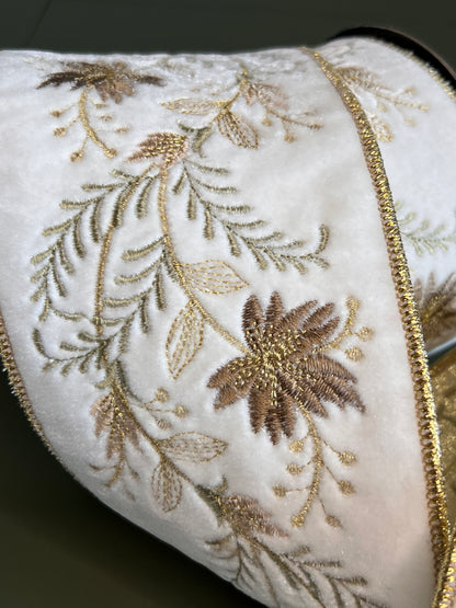 Winter White Velvet Wired Ribbon Designer Champagne Gold Eucalyptus Floral Embroidered Trim – 4" x 5 Yds