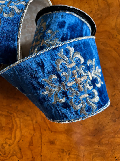Blue Velvet Ribbon with Gold Embroidered Medallions – Wired Designer Ribbon, 4” x 5 Yards