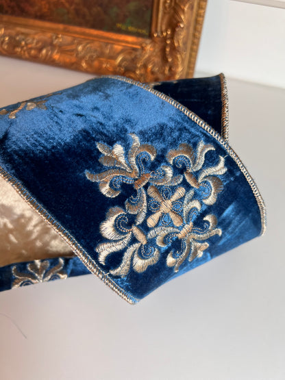Blue Velvet Ribbon with Gold Embroidered Medallions – Wired Designer Ribbon, 4” x 5 Yards