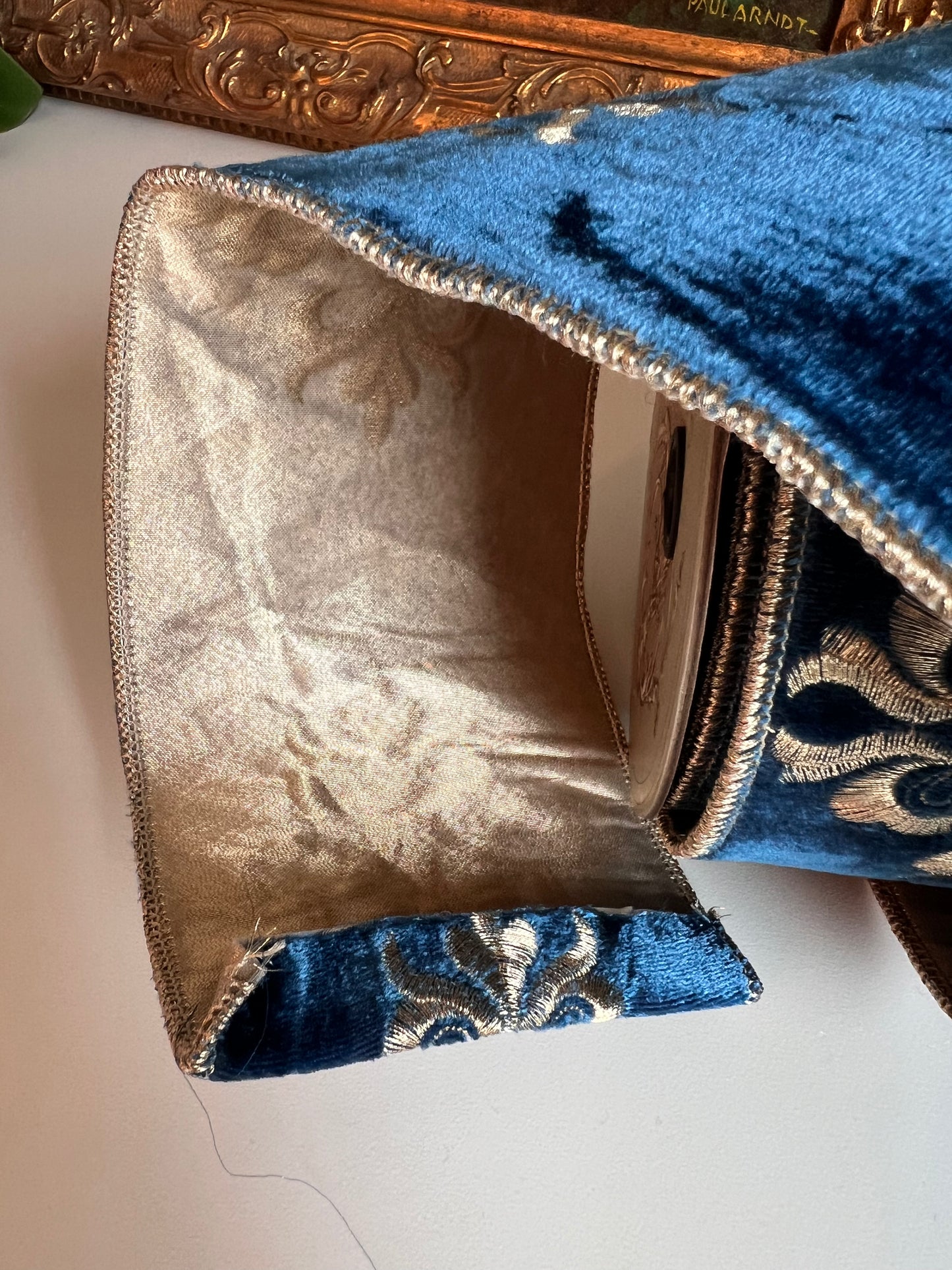 Blue Velvet Ribbon with Gold Embroidered Medallions – Wired Designer Ribbon, 4” x 5 Yards