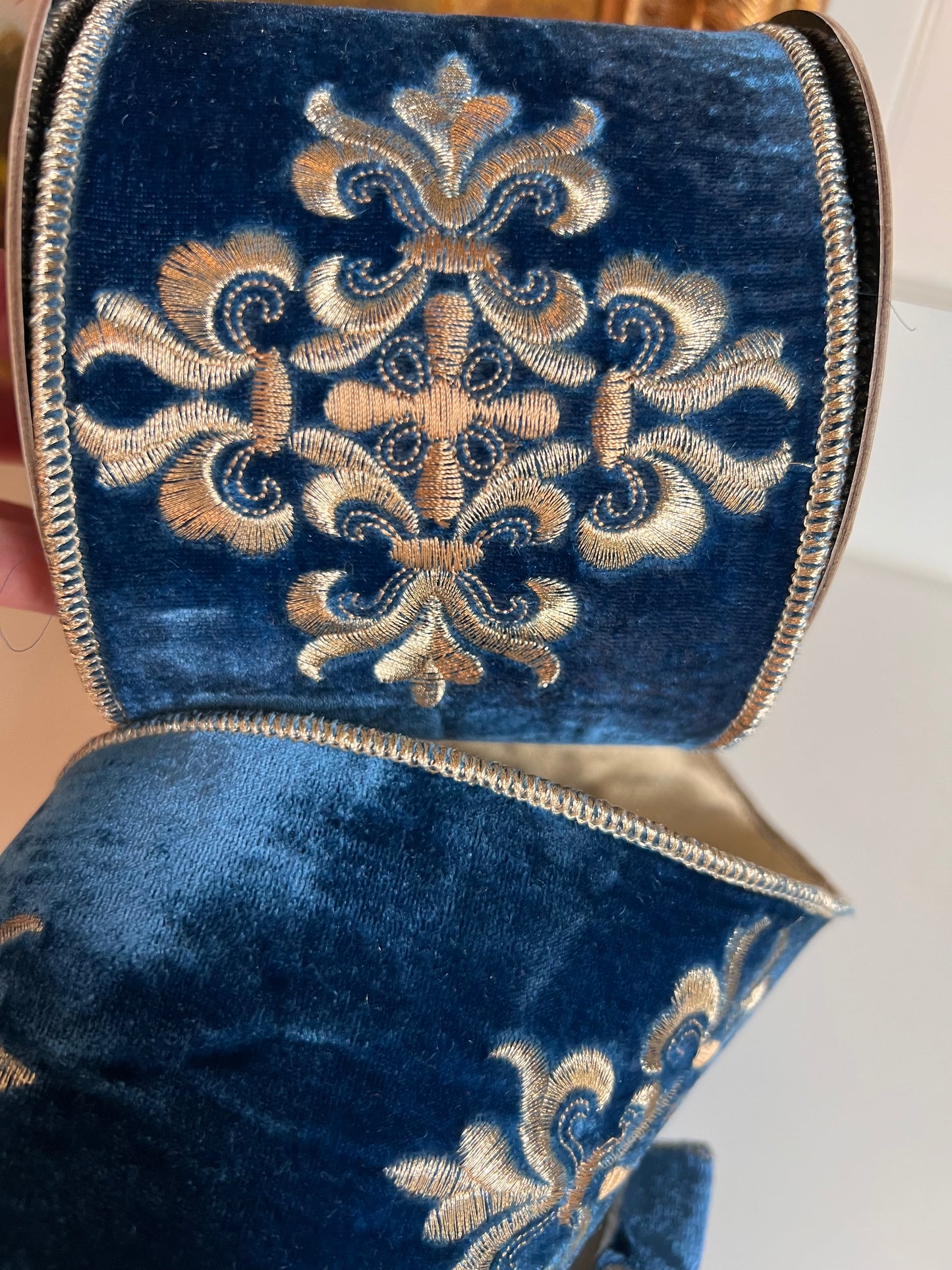Blue Velvet Ribbon with Gold Embroidered Medallions – Wired Designer Ribbon, 4” x 5 Yards