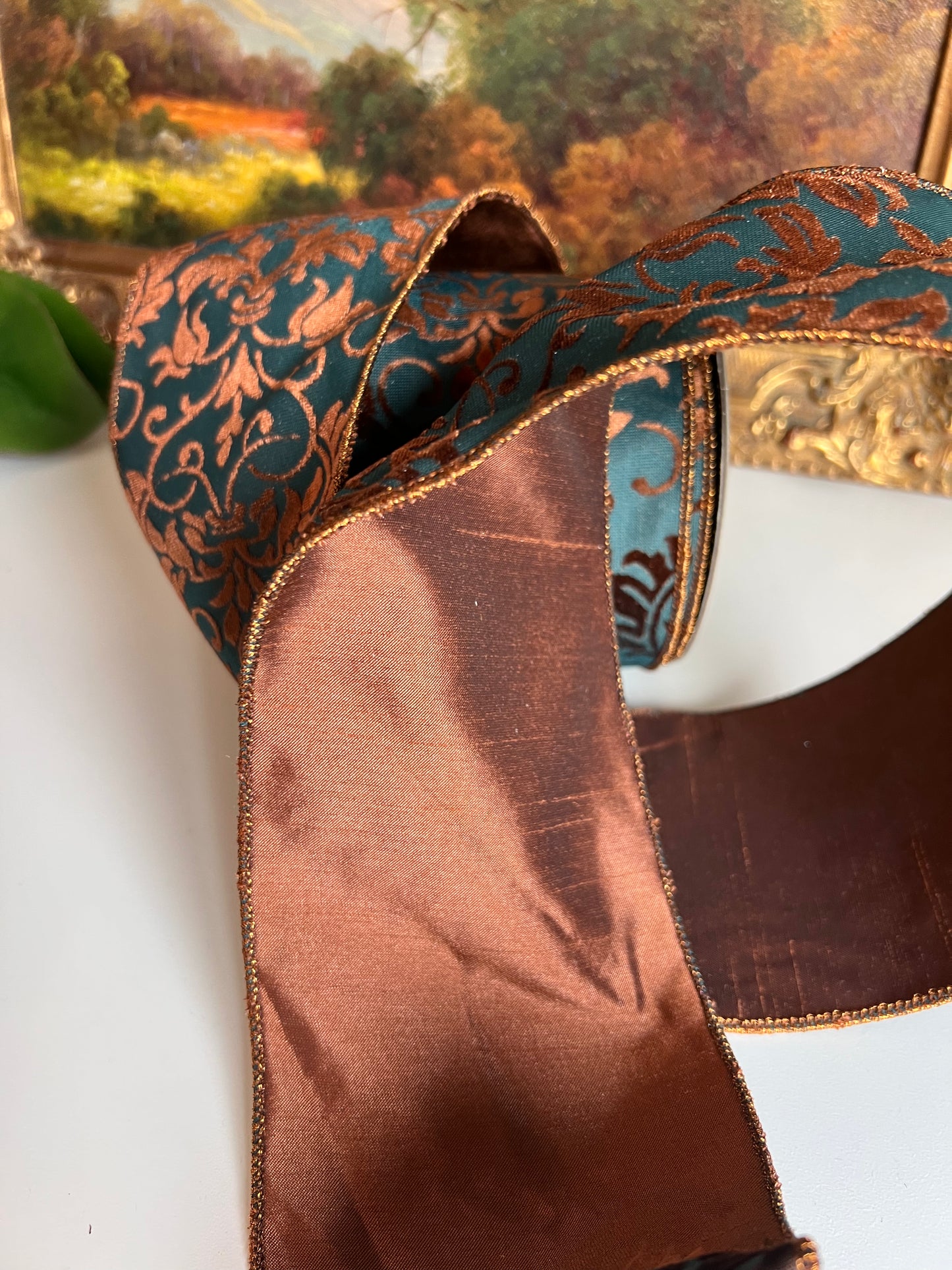 Dark Teal & Copper Brown Damask Burnout Wired Designer Ribbon – 4” x 10 Yards