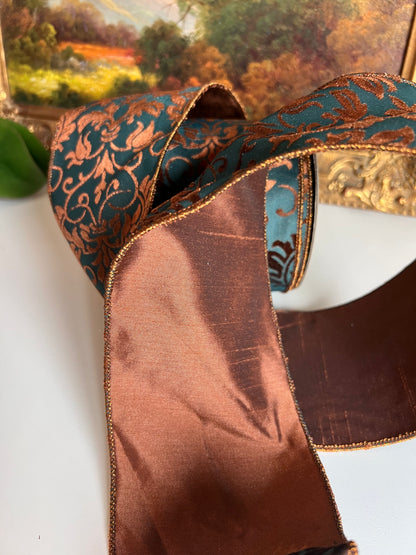 Dark Teal & Copper Brown Damask Burnout Wired Designer Ribbon – 4” x 10 Yards