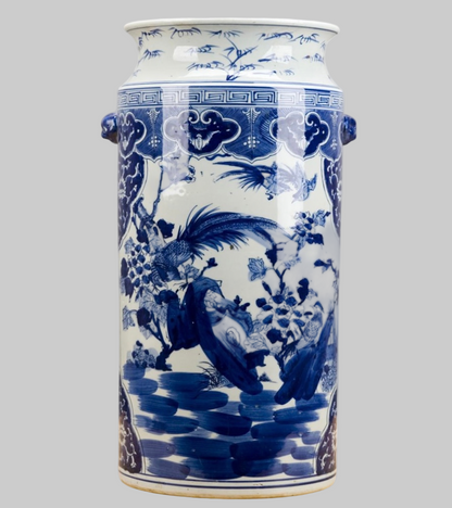 Blue and white porcelain umbrella stand with pheasant and garden chinoiserie panels.