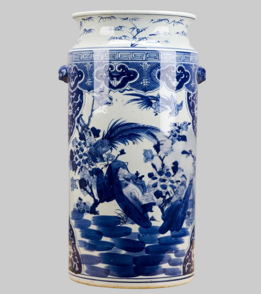 Blue and white porcelain umbrella stand with pheasant and garden chinoiserie panels.