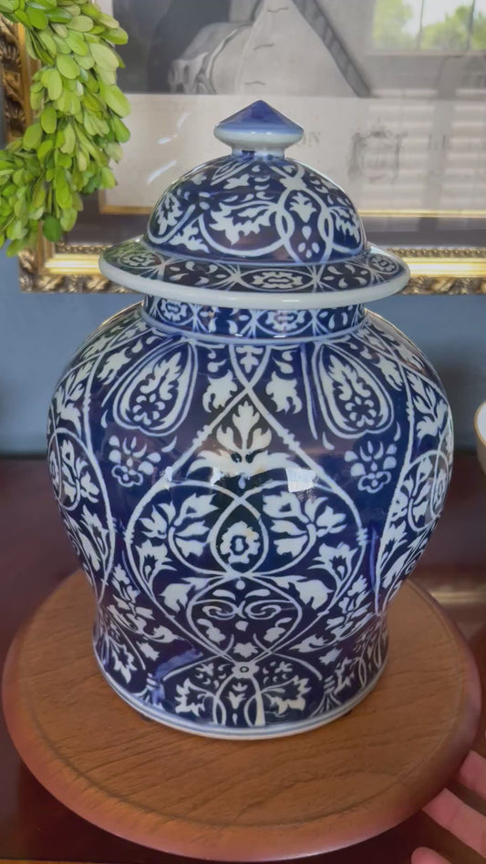 Cobalt Damask Temple Jar