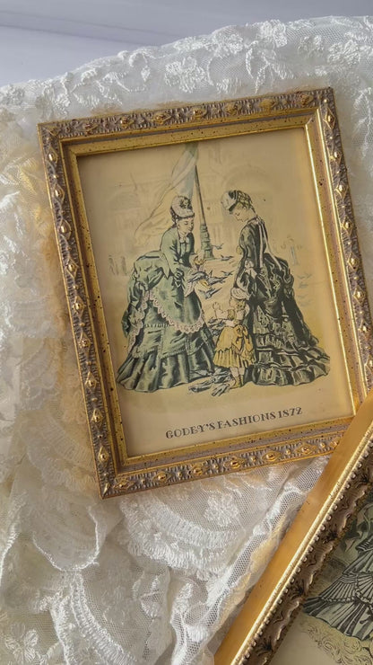 Vintage Godey’s Fashions 1872 Framed Prints Set of 2 | Victorian Fashion Miniatures | Ornate Gold Frames