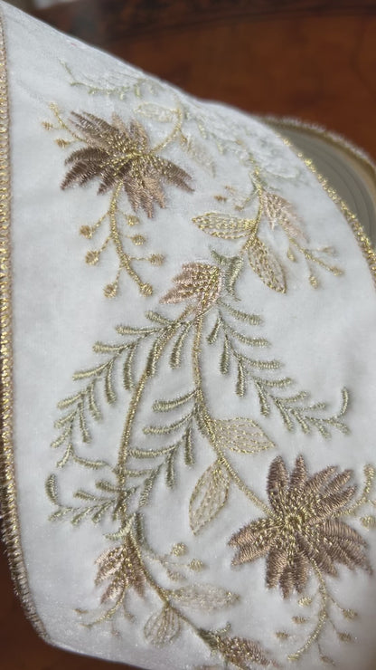 Winter White Velvet Wired Ribbon Designer Champagne Gold Eucalyptus Floral Embroidered Trim – 4" x 5 Yds