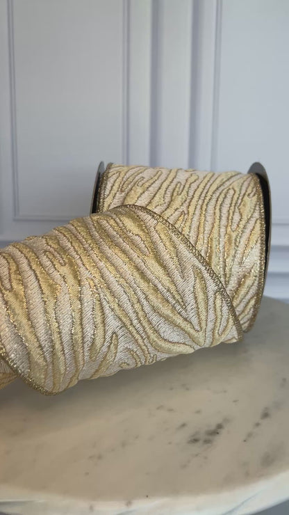 Champagne Gold Shimmer Animal Stripe Wired Ribbon – 4” x 10 Yards