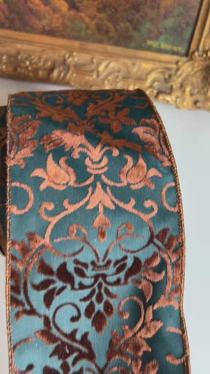 Dark Teal & Copper Brown Damask Burnout Wired Designer Ribbon – 4” x 10 Yards