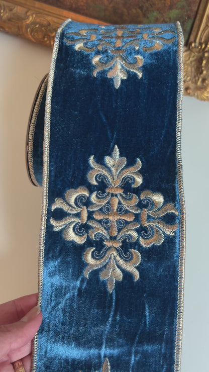 Blue Velvet Ribbon with Gold Embroidered Medallions – Wired Designer Ribbon, 4” x 5 Yards