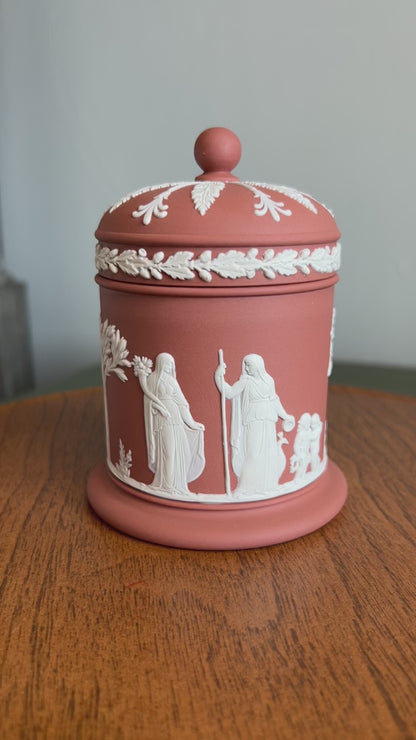 1958 Wedgwood Terracotta Jasperware Lidded Jar Sacrifice Figures 4.5” Tall