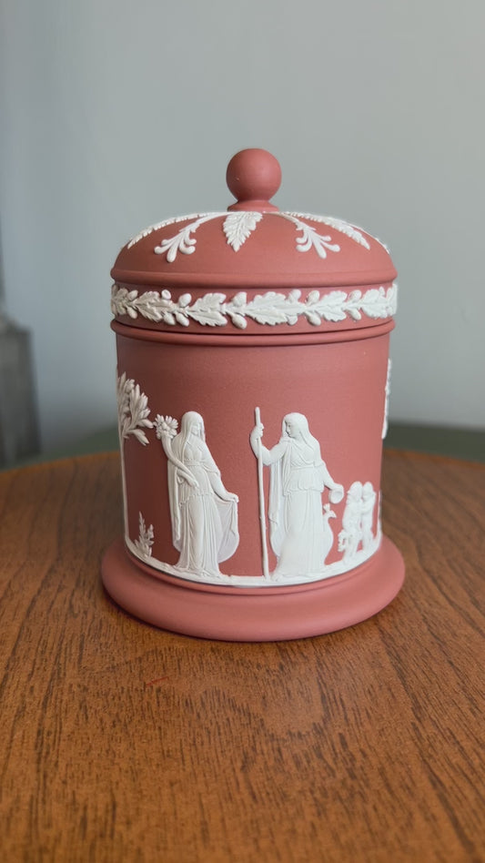 1958 Wedgwood Terracotta Jasperware Lidded Jar Sacrifice Figures 4.5” Tall